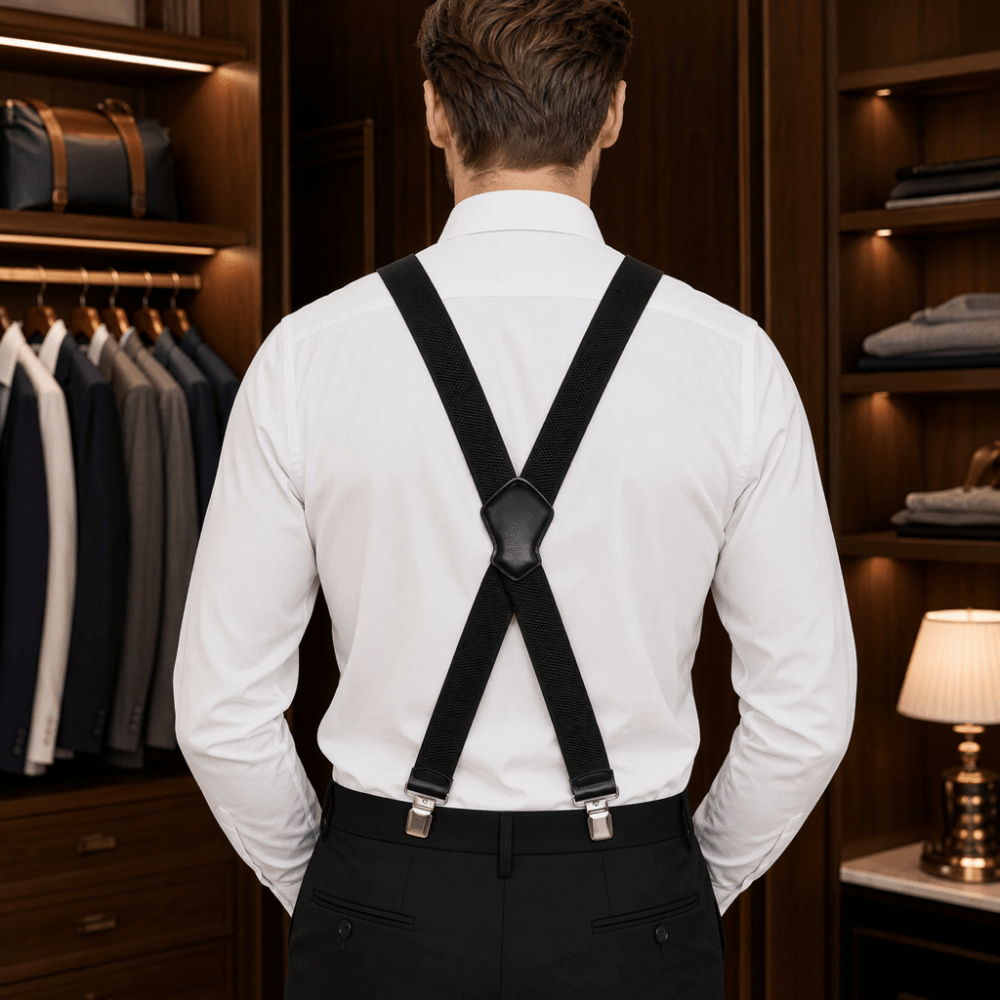 Suspender Clip Formal - 新しい伸縮性のある頑丈なサスペンダー、通気性のある生地、調節可能なXバックサスペンダー、4つのクリップ、幅広クリップ式パンツブレース、フォーマルウェア用