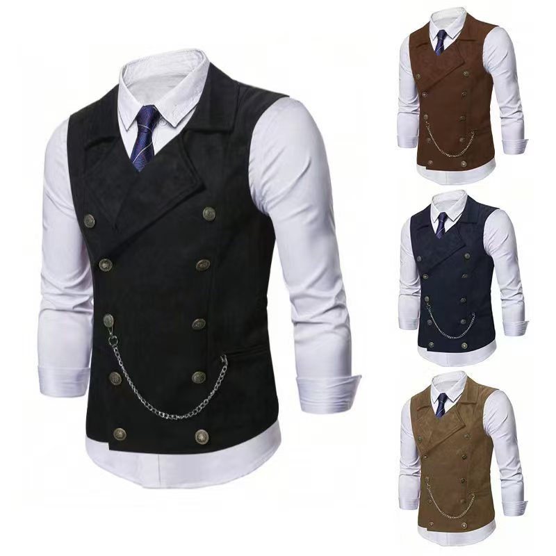 Men Formal Wear Vest - メンズ ダブルブレスト ベスト チェーン付き フォーマル ビジネス