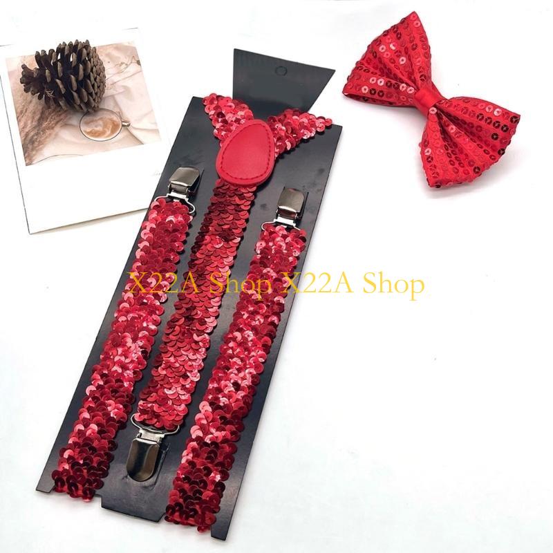 Suspender Clip Formal - ユニークな輝くサスペンダーボウタイセットスパンティースパンコのブレースは、正式な機会のための調整可能なストラップとメタルクリップを備えたステージショーの小道具