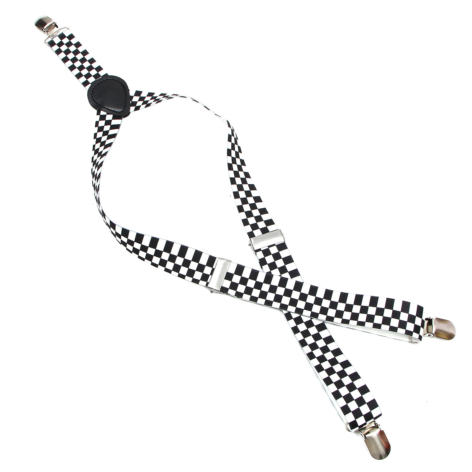 Suspender Clip Formal - スタイリッシュな黒白チェック柄Yバックサスペンダー、クリップ付き、伸縮性のある調節可能なブレース、ステンレススチール製バックル、カジュアルおよびフォーマルウェアに最適
