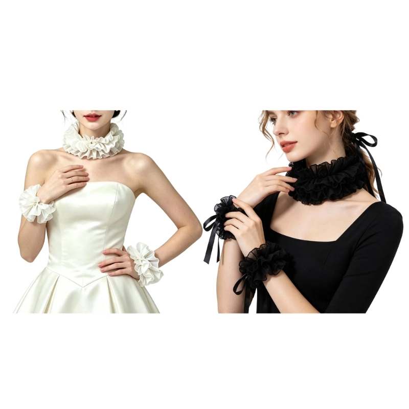 Mens Formal Look - R7UF 大人用フォーマルウェアフリル襟と手首アクセサリーセット、シフォンコーディネートで結婚式スタイリングにも使えます