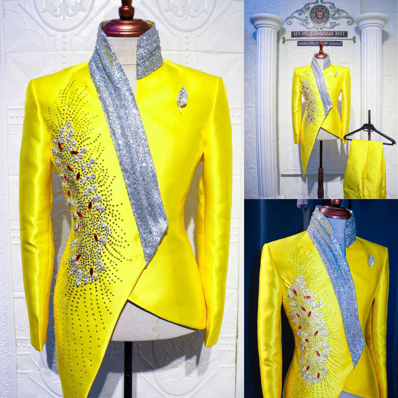 Unique Men'S Formal Wear - ファッション黄色の結婚式のタキシードユニークな 2 点セットジャケットパンツ男性スーツデザイナーフォーマル新郎着用パーティースーツカスタマイズ