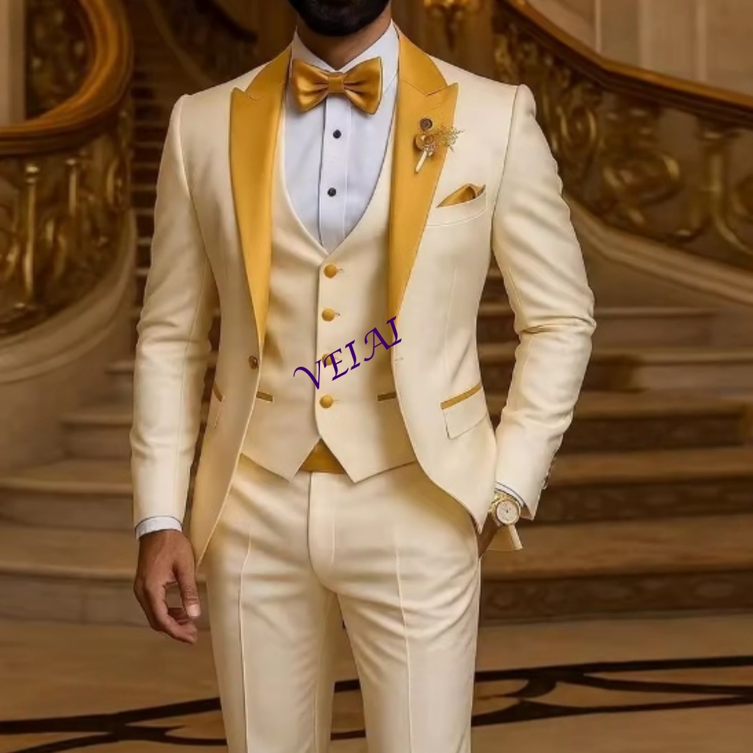 Men Formal Wear Vest - カスタムゴールドカラー アイボリー メンズスーツ 結婚式 パーティー フォーマル