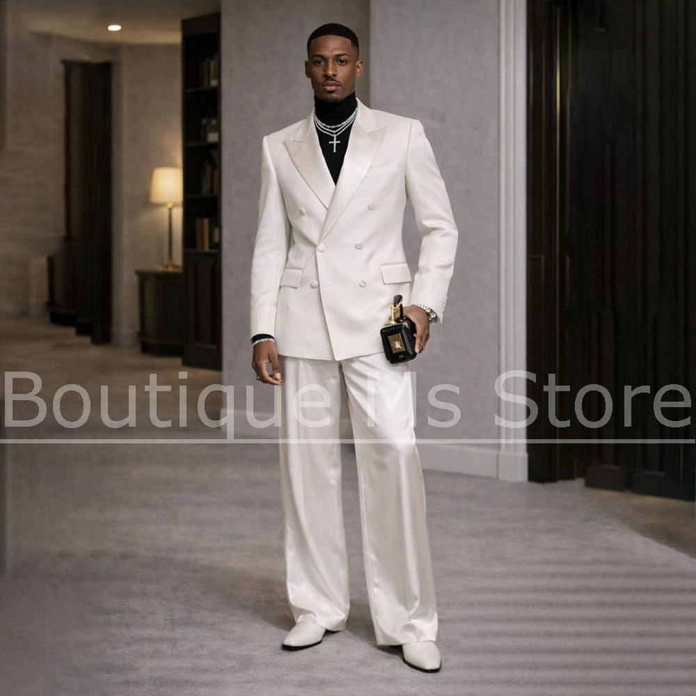 Men Formal Wear For Wedding - メンズホワイトサテンスーツ2ピースダブルブレストピークドラペルモダンスリムグルームウェディングプロムフォーマルイブニングパーティータキシード