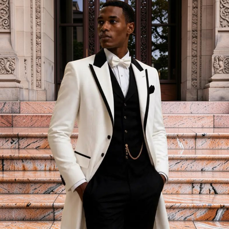 Men Formal Wear For Wedding - メンズウェディングスーツ3点セット スリムフィット ロング丈 グルームタキシードジャケット シングルブレスト オーダーメイド