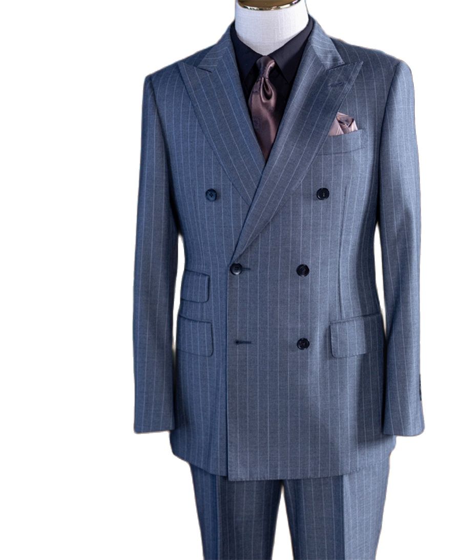Men Formal Wear For Wedding - グレーストライプダブルブレストクラシックメンズスーツ2ピースブレザーパンツカスタムビジネスウェアフォーマルパーティー新郎タキシード結婚式用