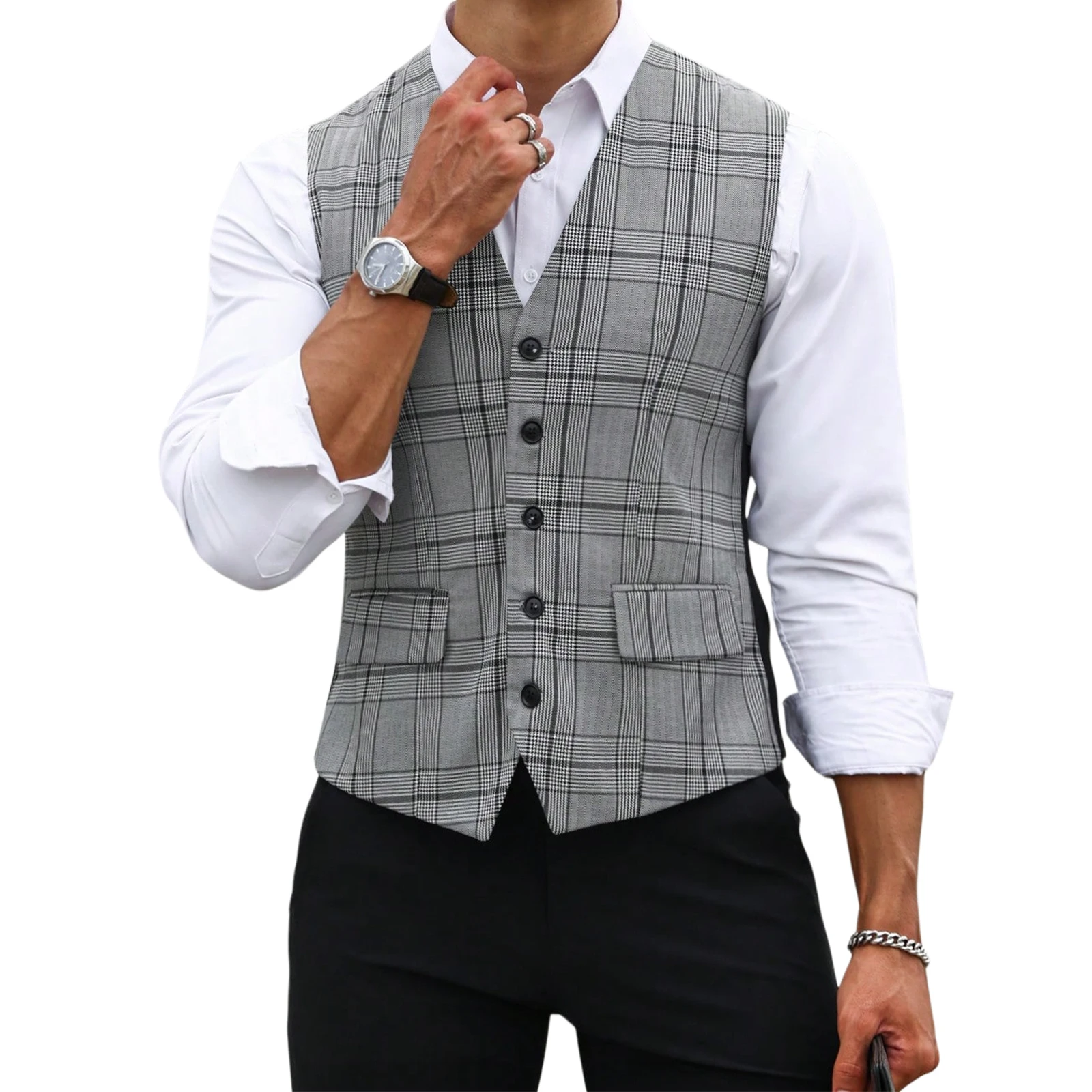 Men Formal Wear Vest - 男性グレーチェック柄スーツベストスリムフィット V ネックシングルブレストチョッキフォーマルビジネス結婚式ノースリーブジャケット調節可能