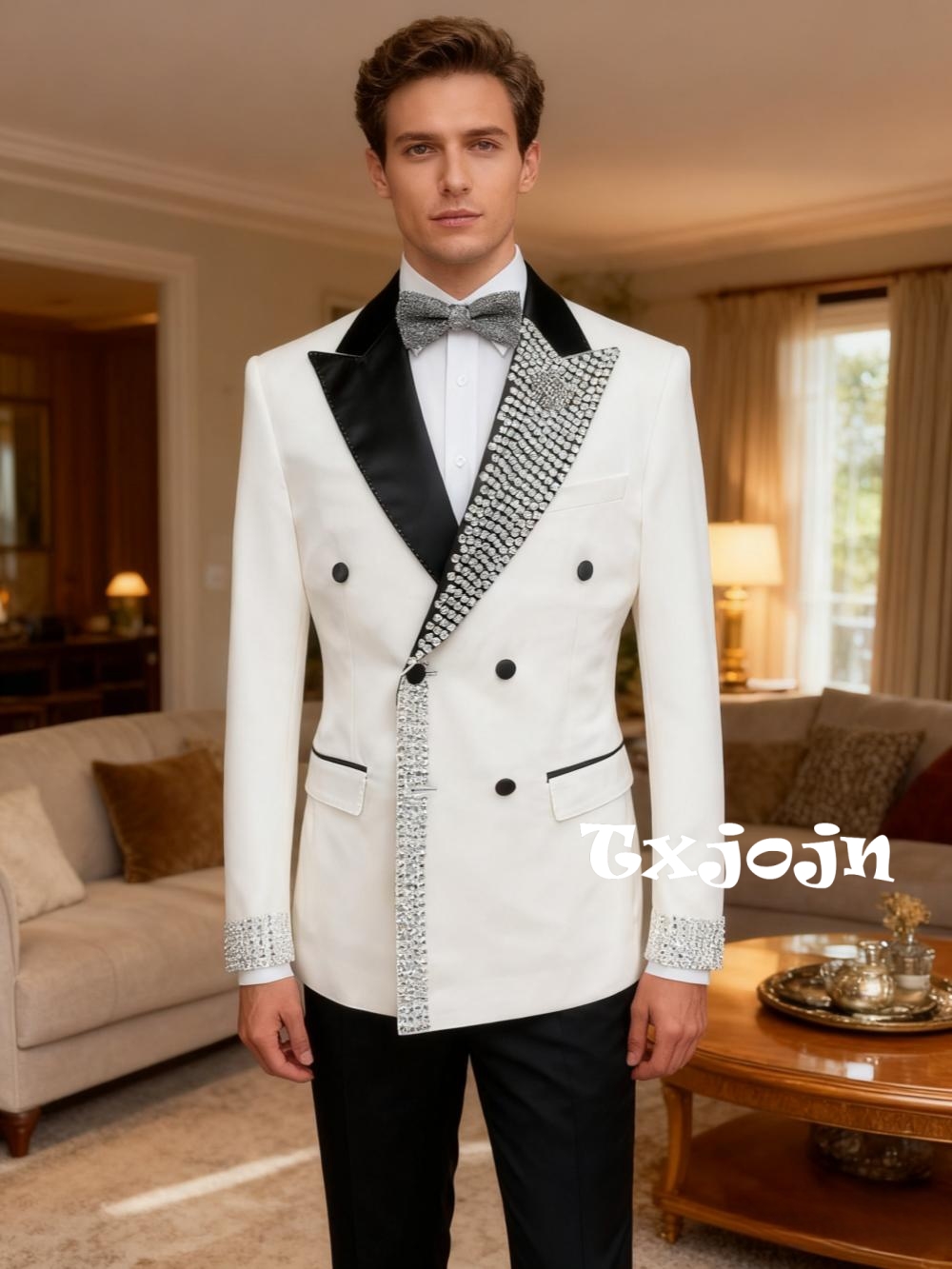 Men'S Formal Wear For Engagement - 豪華なビーズ刺繍入りメンズスリムフィットスーツ2ピース、婚約披露宴用ダブルブレストピークドラペルスーツセット、ダンスウェア