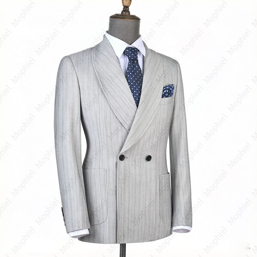モフィエル ライトグレー メンズスーツ ストライプ ダブルブ - Men Formal Wear For Wedding のレビューと価格