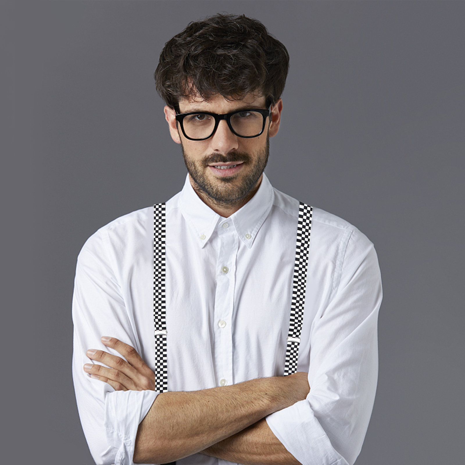 スタイリッシュな黒白チェック柄Yバックサスペンダー、クリップ - Suspender Clip Formal のレビューと価格