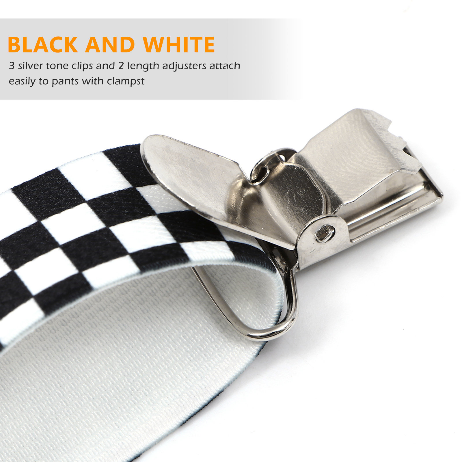 スタイリッシュな黒白チェック柄Yバックサスペンダー、クリップ - Suspender Clip Formal のレビューと価格
