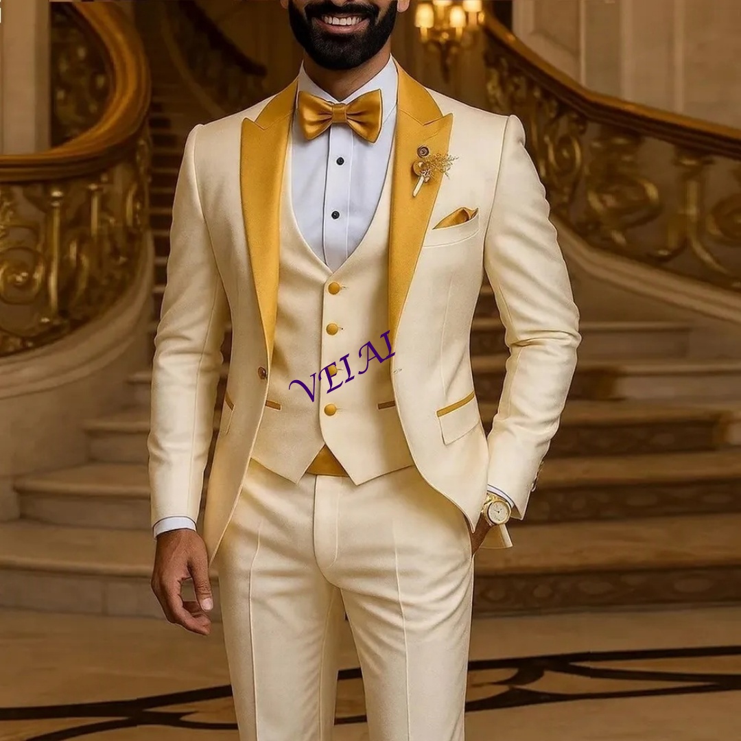 カスタムゴールドカラー アイボリー メンズスーツ 結婚式 パ - Men Formal Wear Vest のレビューと価格