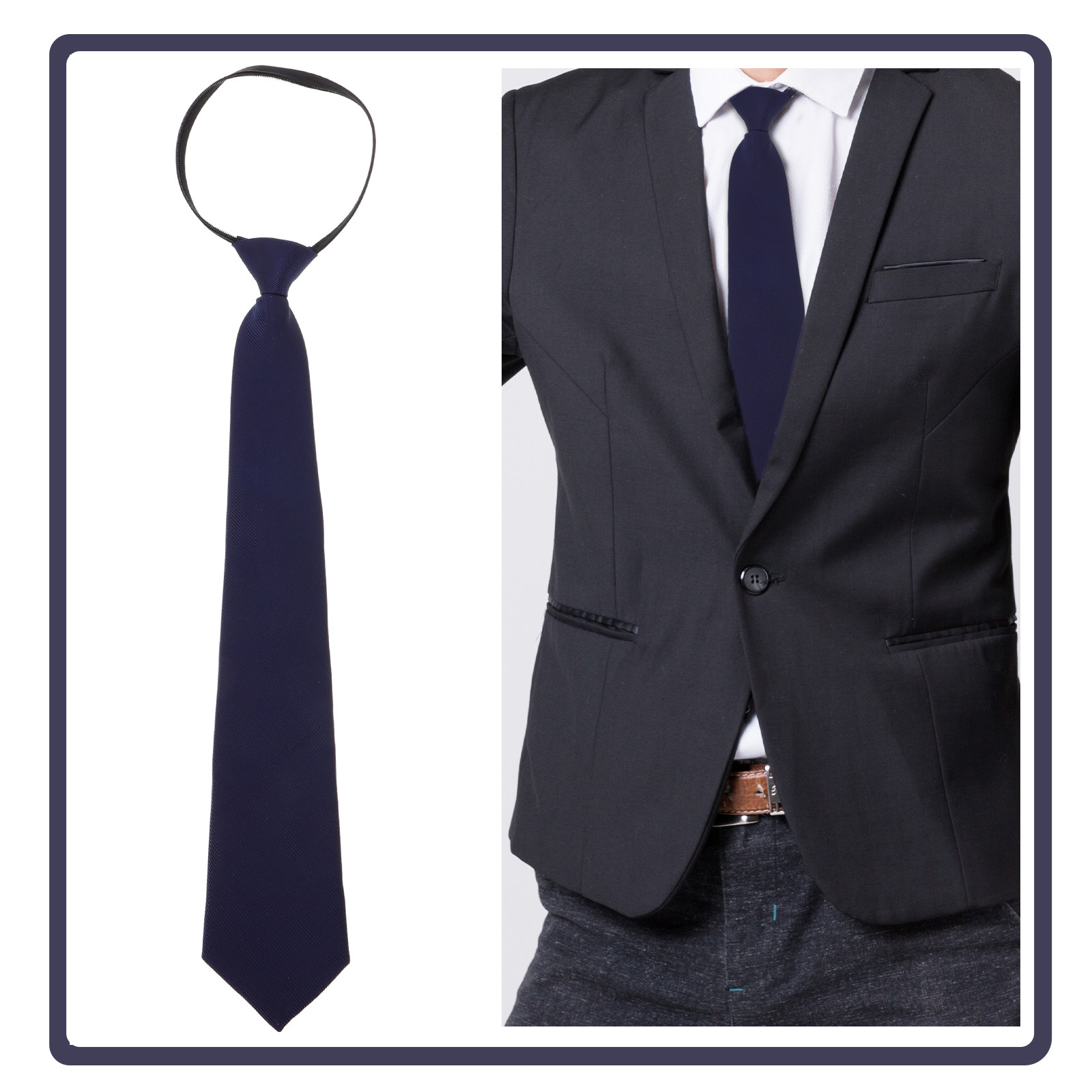 男性用ジッパーネクタイ ネイビーブルー 事前に結ばれた調整可 - Mens Formal Look のレビューと価格