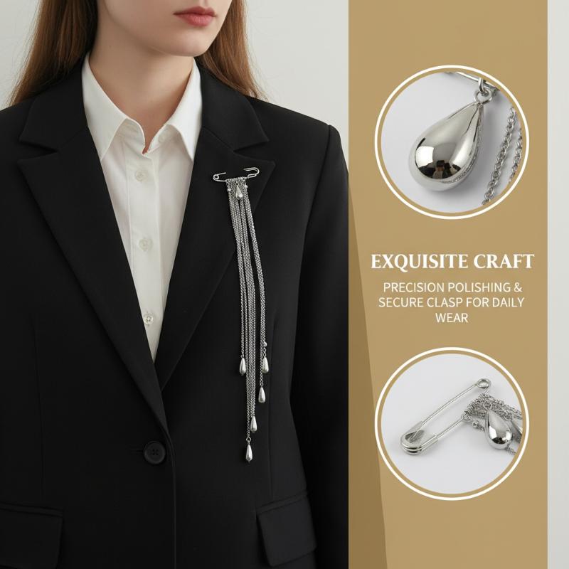エレガントな水滴タッセルブローチ メンズ用 メタルチェーンラ - Mens Formal Look のレビューと価格