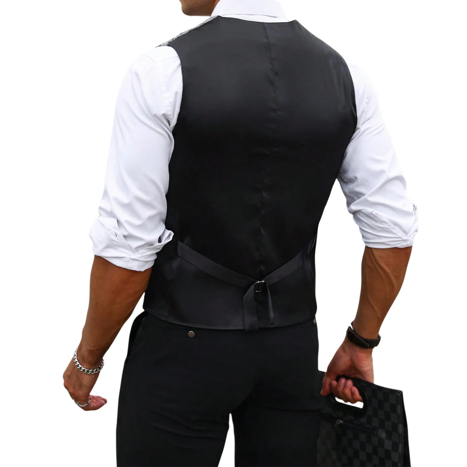 男性グレーチェック柄スーツベストスリムフィット V ネックシ - Men Formal Wear Vest のレビューと価格