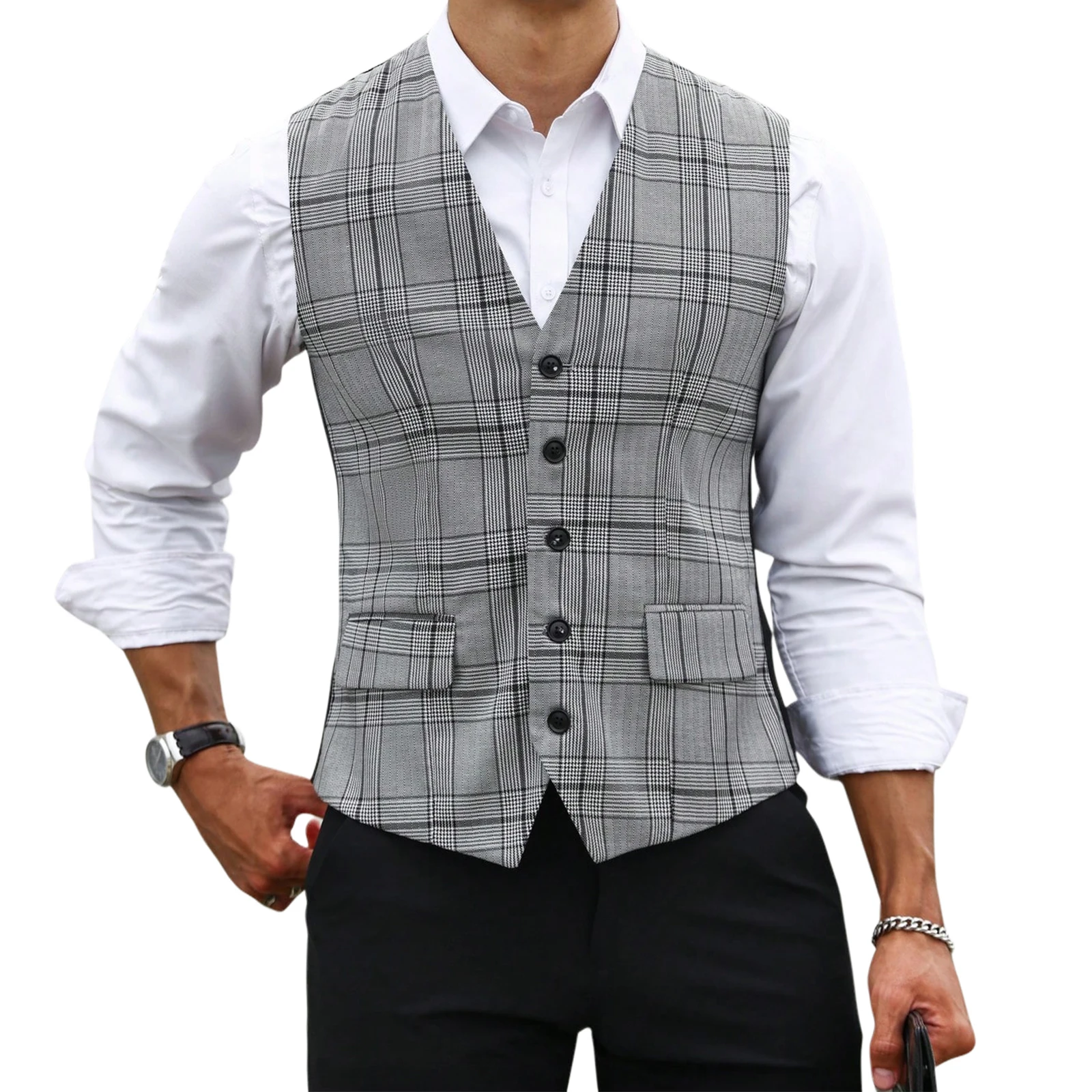 男性グレーチェック柄スーツベストスリムフィット V ネックシ - Men Formal Wear Vest のレビューと価格