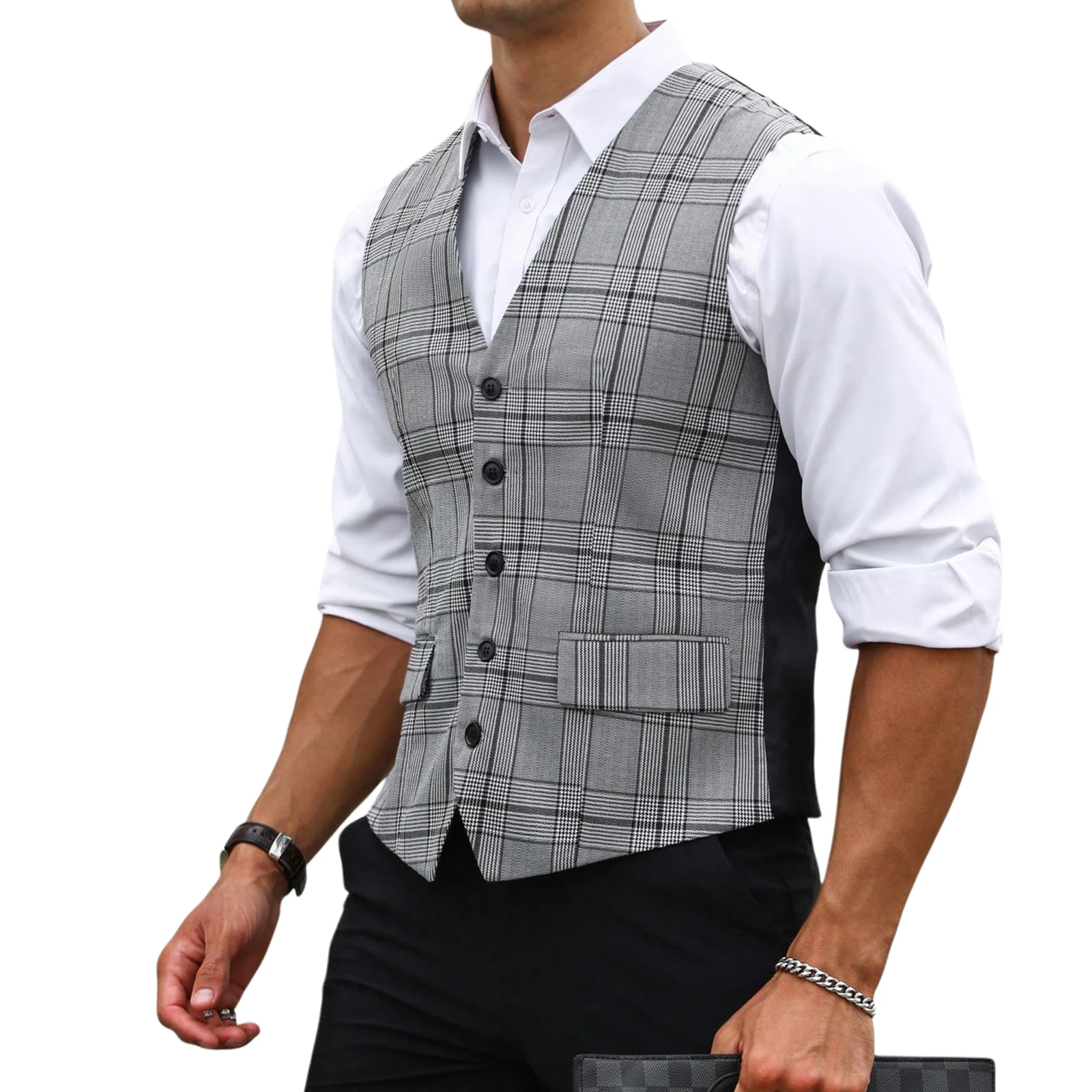 男性グレーチェック柄スーツベストスリムフィット V ネックシ - Men Formal Wear Vest のレビューと価格